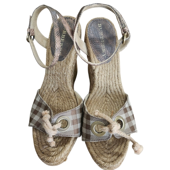 Burberry Wedge Sandals Sz 9 Espradille Jute Rope Tie Details Signature Gingham - Picture 3 of 9